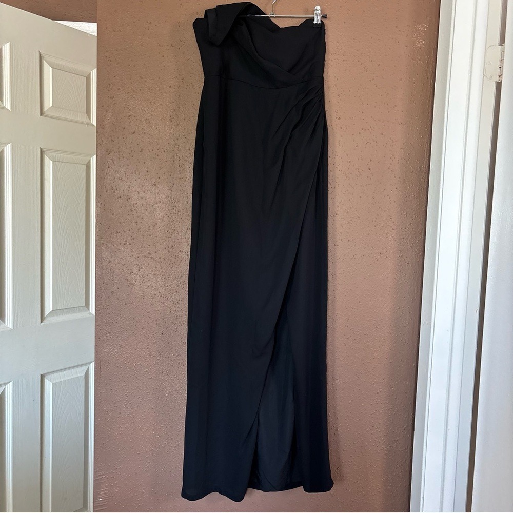 BHLDN Black One Shoulder Maxi Dress Ruching Front Slit Formal Gown Womens 8